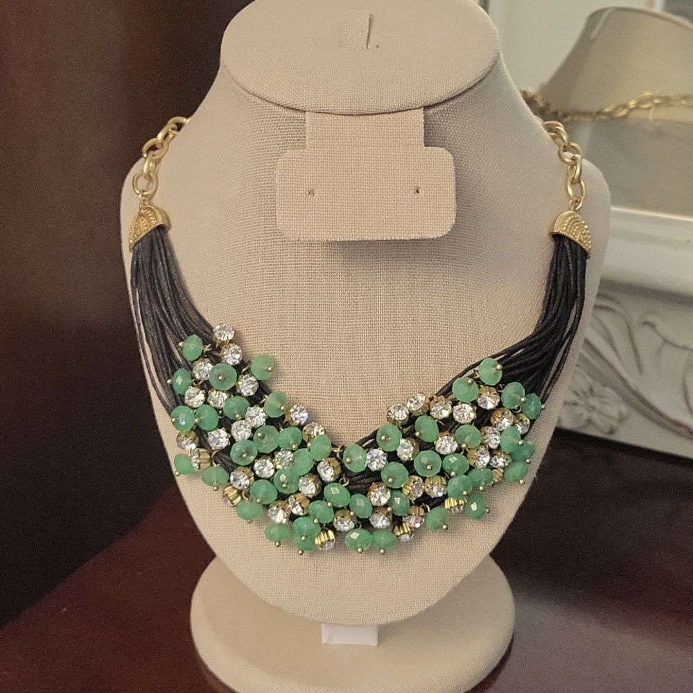 Vintage Jade Green and Rhinestone Statement Bib Necklace
